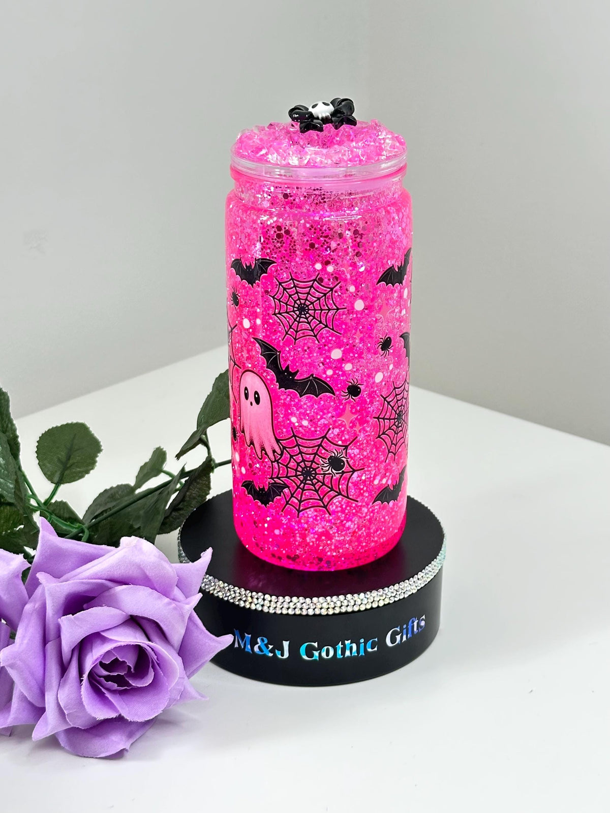 Gothic book lover snow globe tumbler with spooky cat and pink glitter