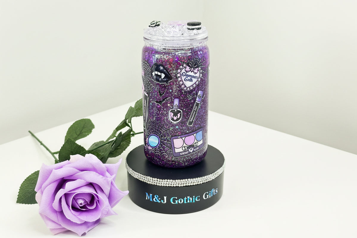 Pastel gothic snow globe tumbler with glitter, iced lid and straw
