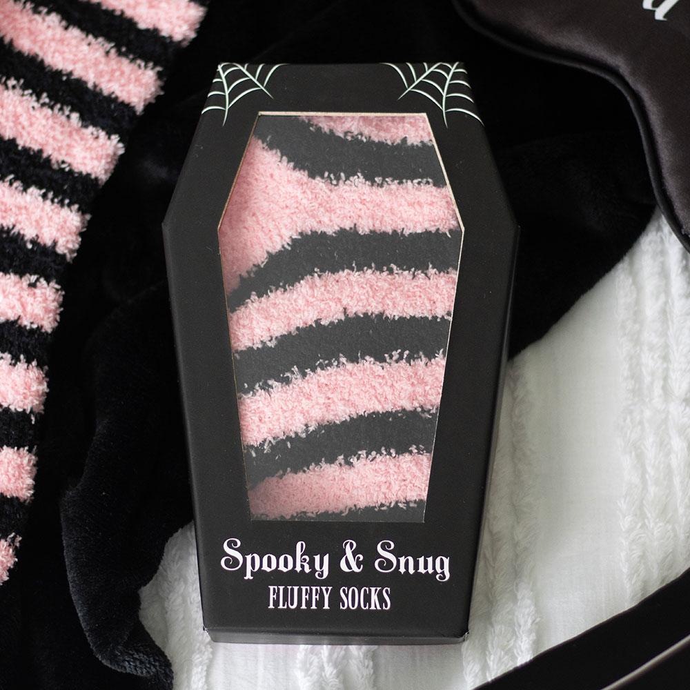 Pink and black striped socks in coffin shaped gift box gothic fashion gift