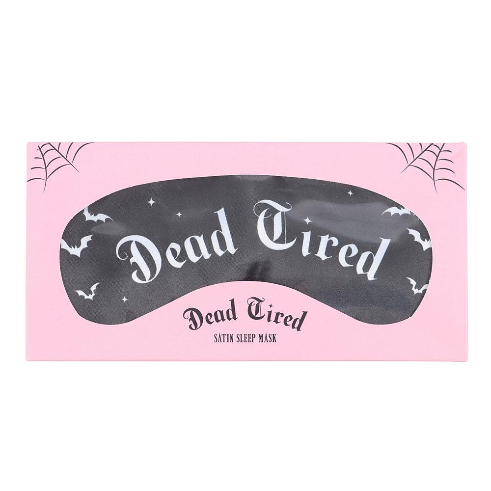 Dead Tired black satin sleep mask with gothic lettering