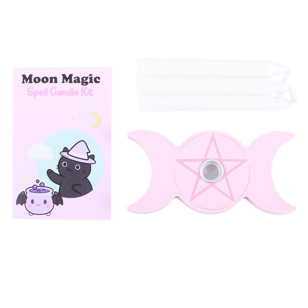 Moon magic spell candle kit with white candles wooden holder and spell card