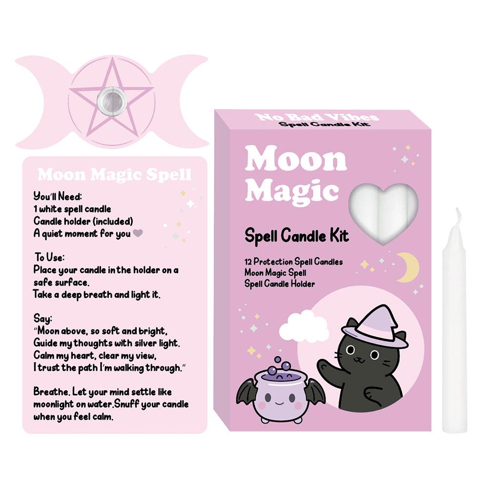 Moon magic spell candle kit with white candles wooden holder and spell card