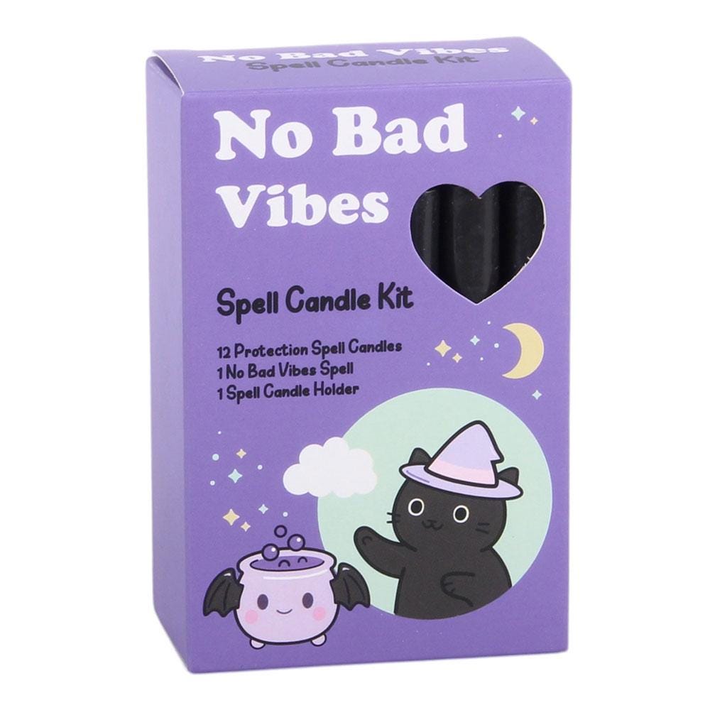 No bad vibes spell candle kit with black candles wooden holder and spell card