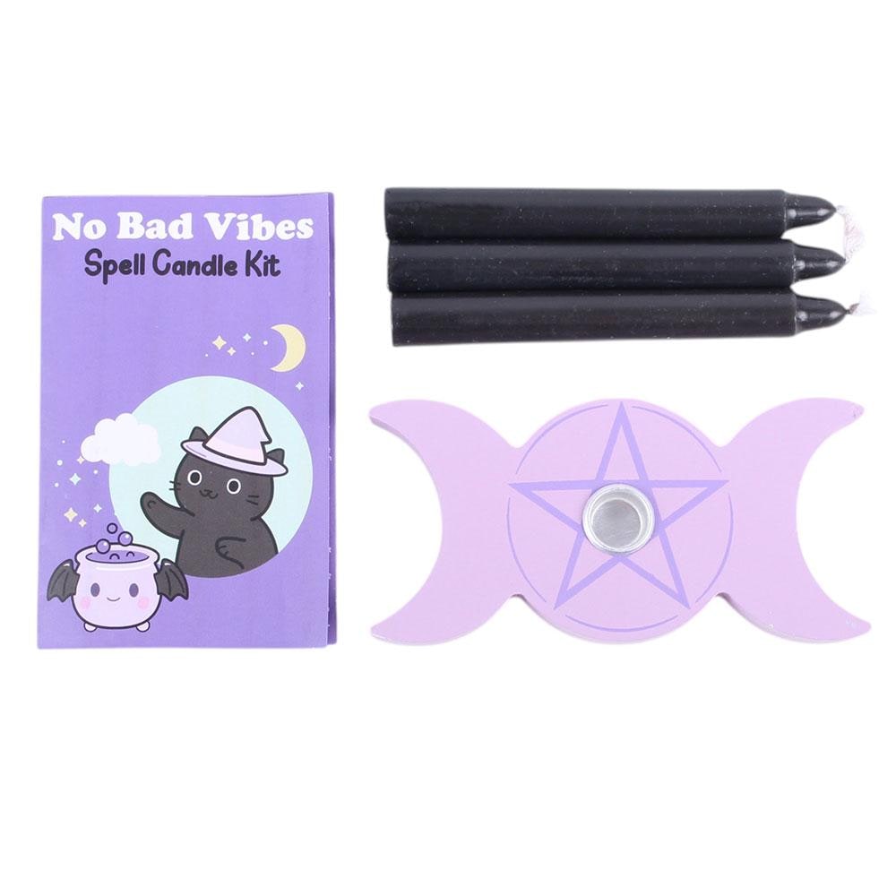 No bad vibes spell candle kit with black candles wooden holder and spell card