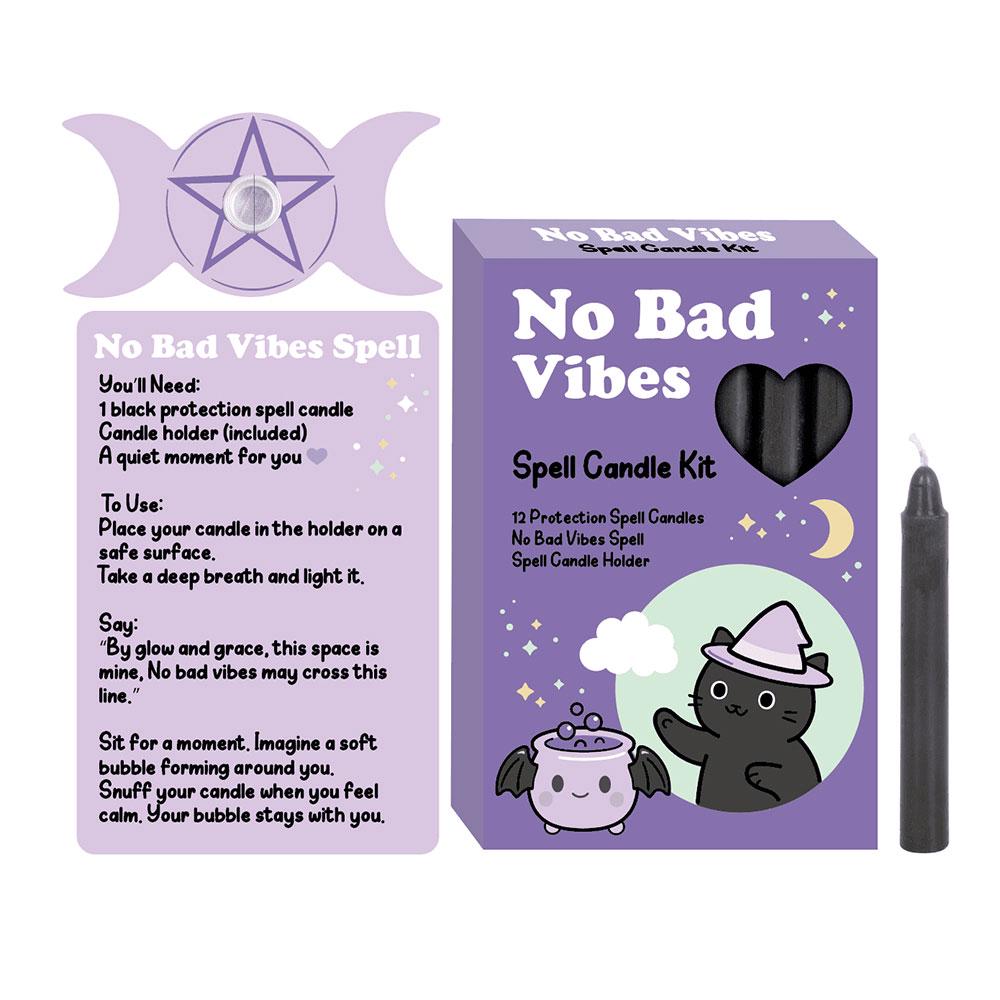 No bad vibes spell candle kit with black candles wooden holder and spell card