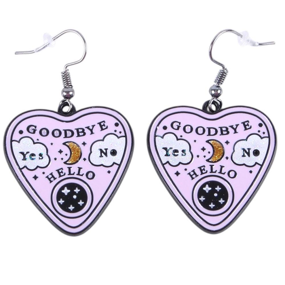 Pastel talking board planchette earrings with celestial details spooky cute jeweller