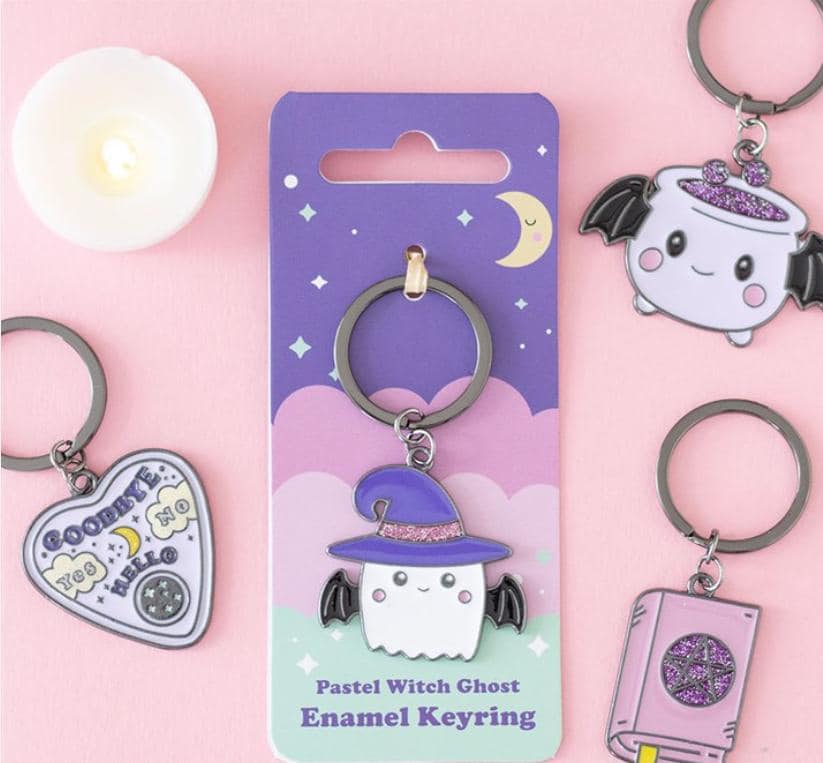 Pastel witch ghost keyring with glitter witch hat and bat wings spooky cute accessory