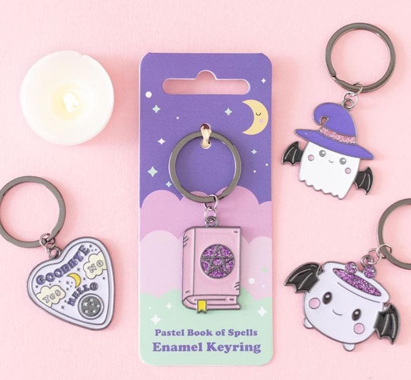 Pastel enamel book of spells keyring with pentagram detail witchy accessory