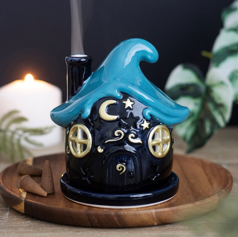 Moonwave Cottage ceramic incense cone holder with blue wave roof and golden moon - witchy home decor