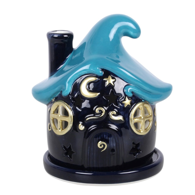 Moonwave Cottage ceramic incense cone holder with blue wave roof and golden moon - witchy home decor
