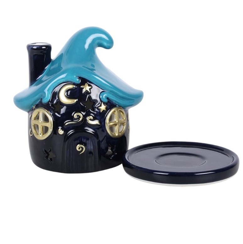 Moonwave Cottage ceramic incense cone holder with blue wave roof and golden moon - witchy home decor