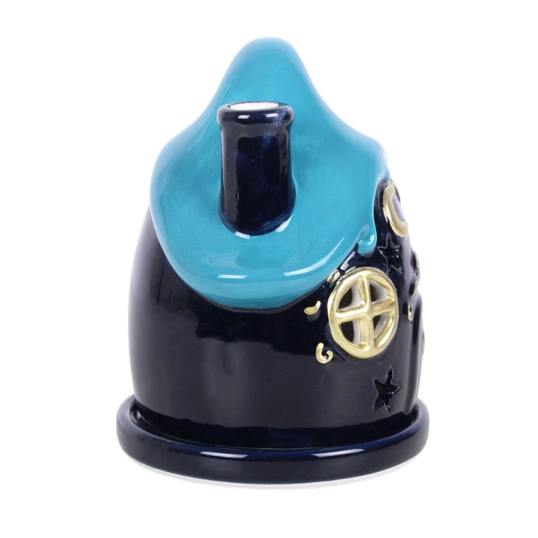 Moonwave Cottage ceramic incense cone holder with blue wave roof and golden moon - witchy home decor