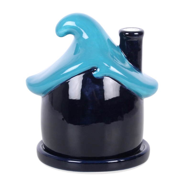Moonwave Cottage ceramic incense cone holder with blue wave roof and golden moon - witchy home decor