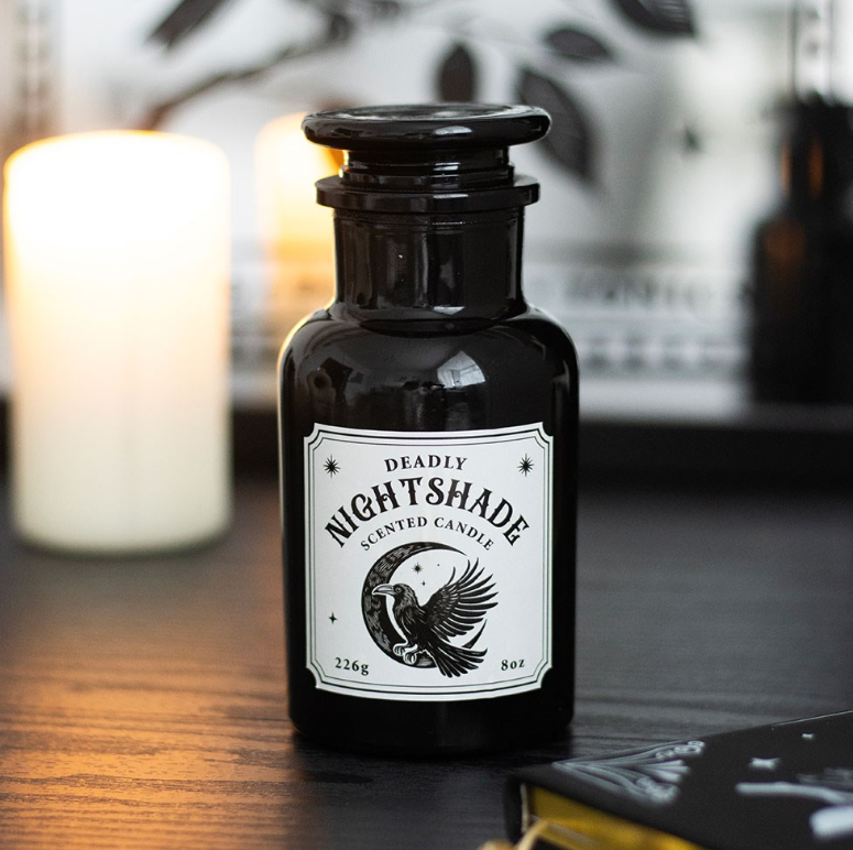 Mystic Raven Deadly Nightshade gothic apothecary candle with raven design - witchy gift