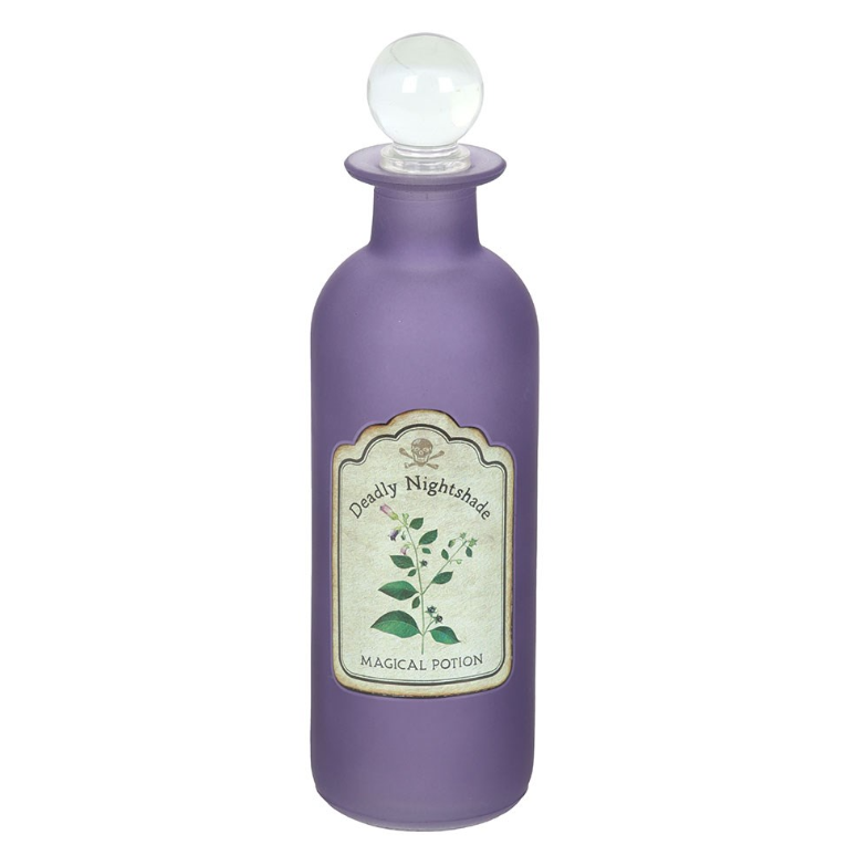 Decorative glass potion bottle with intricate Deadly Nightshade design