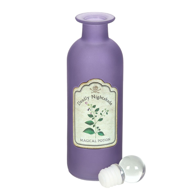 Decorative glass potion bottle with intricate Deadly Nightshade design