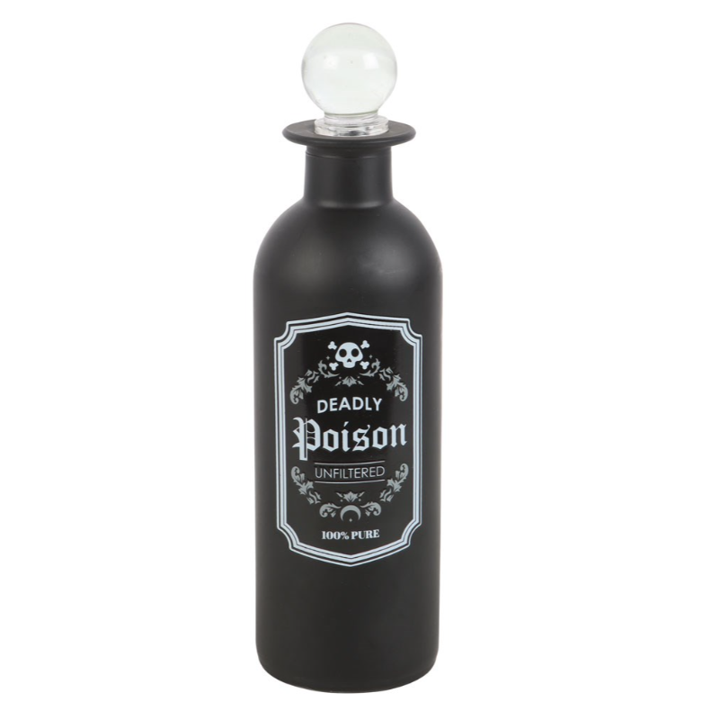 Frosted glass Deadly Poison potion bottle with clear glass stopper