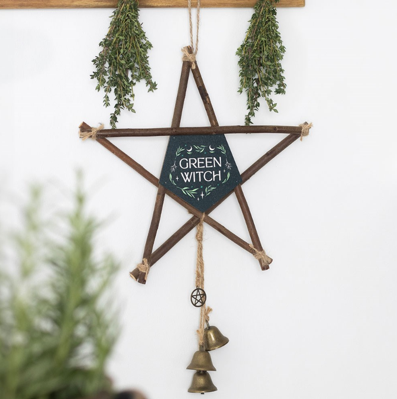 Green witch willow pentagram hanging decoration with three brass bells