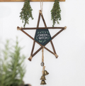 Green witch willow pentagram hanging decoration with three brass bells