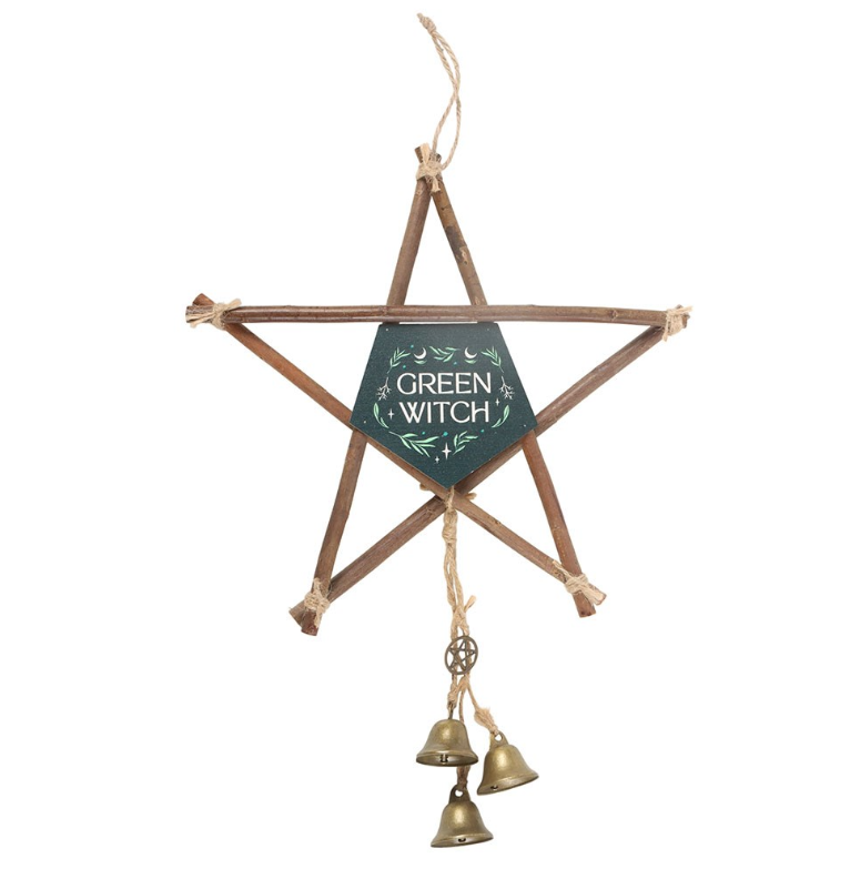 Green witch willow pentagram hanging decoration with three brass bells