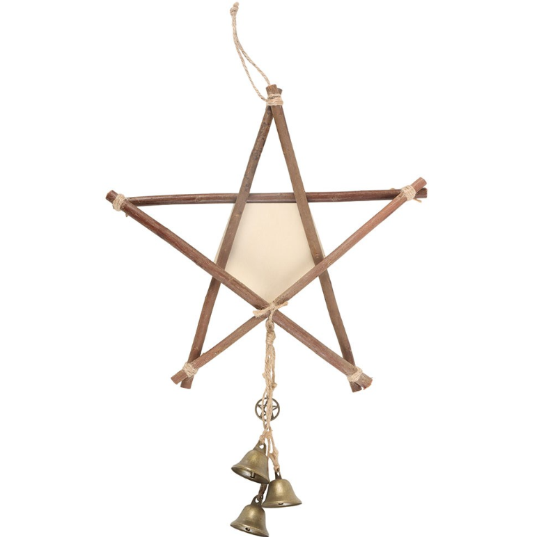 Green witch willow pentagram hanging decoration with three brass bells