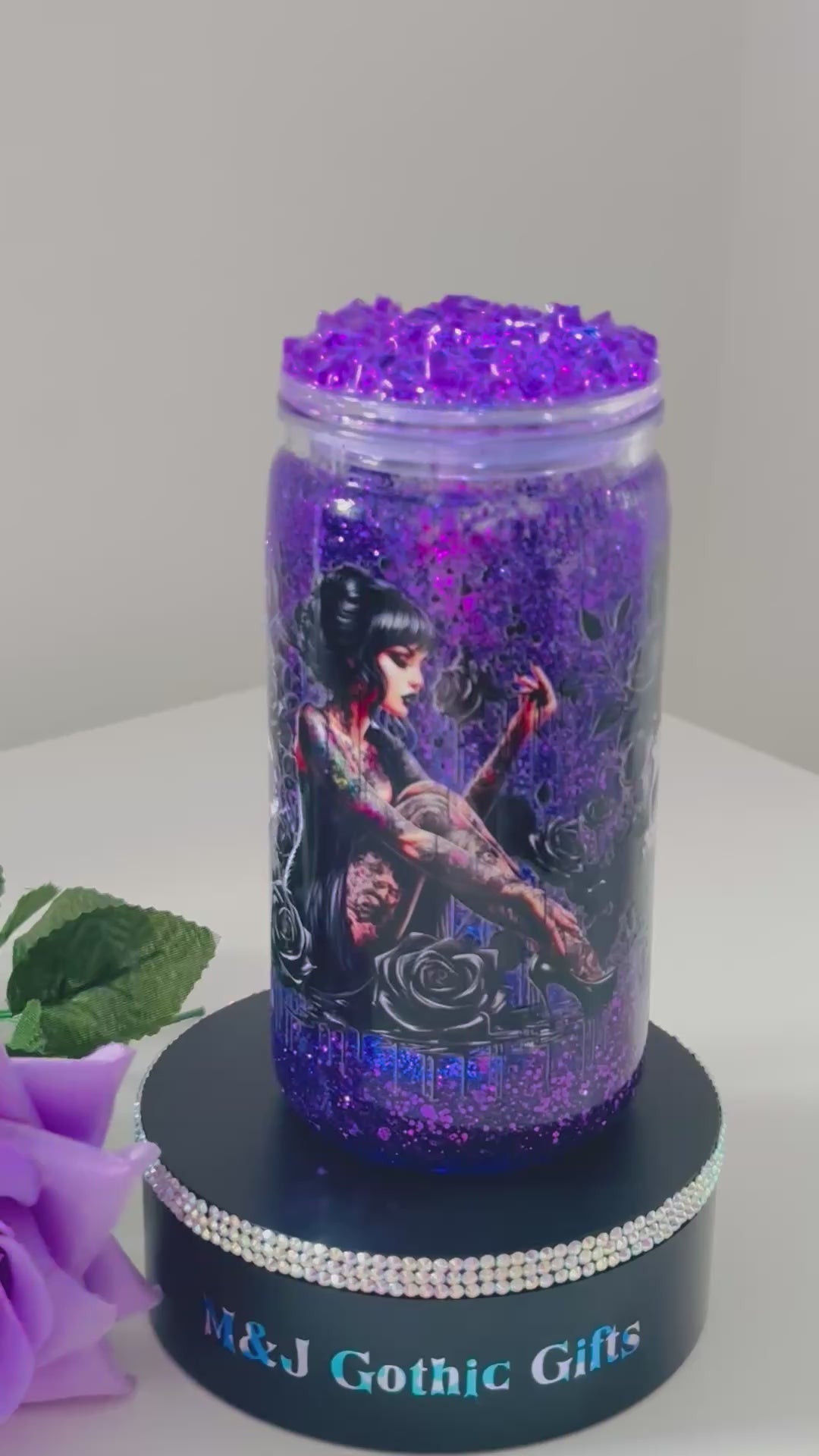 Gothic rose witch snow globe tumbler with purple glitter, iced lid and straw