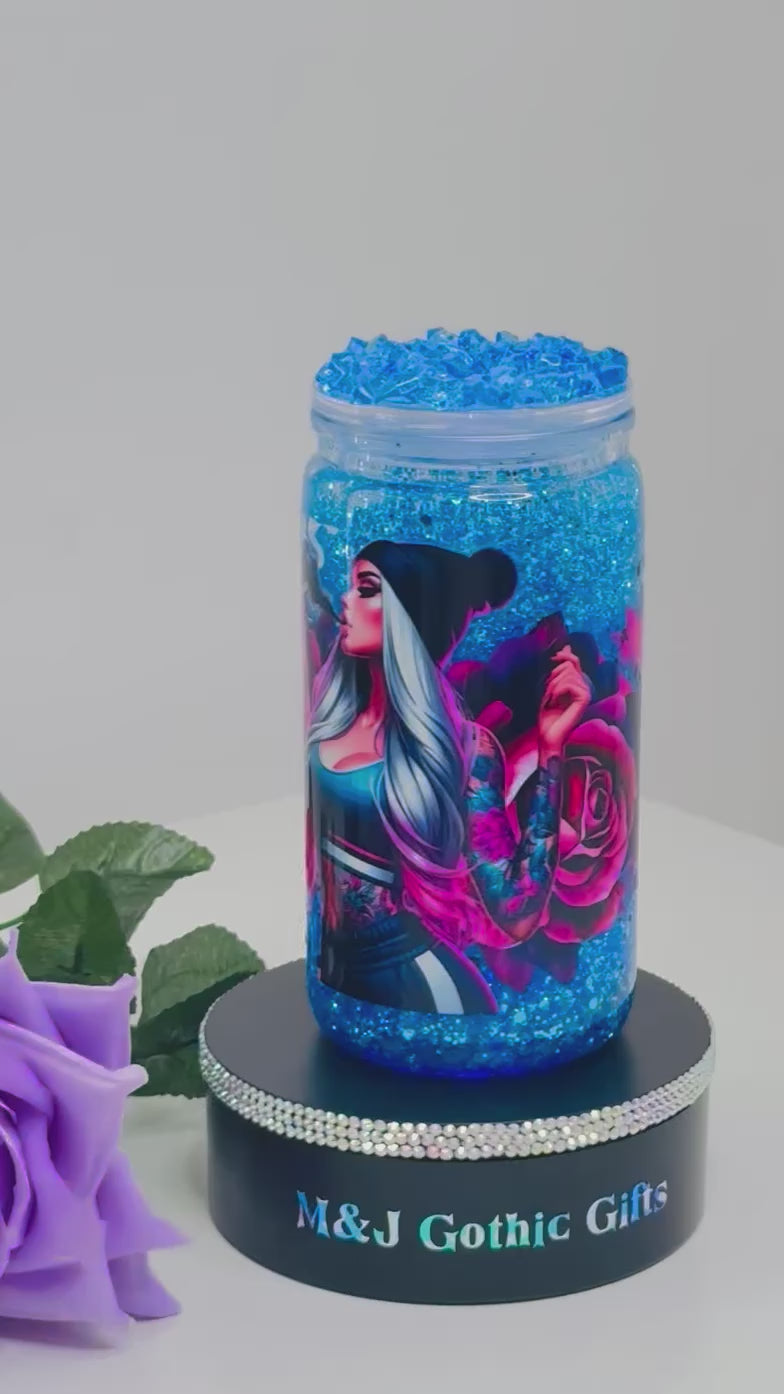 Dark rose gothic snow globe tumbler with blue glitter, iced lid and straw