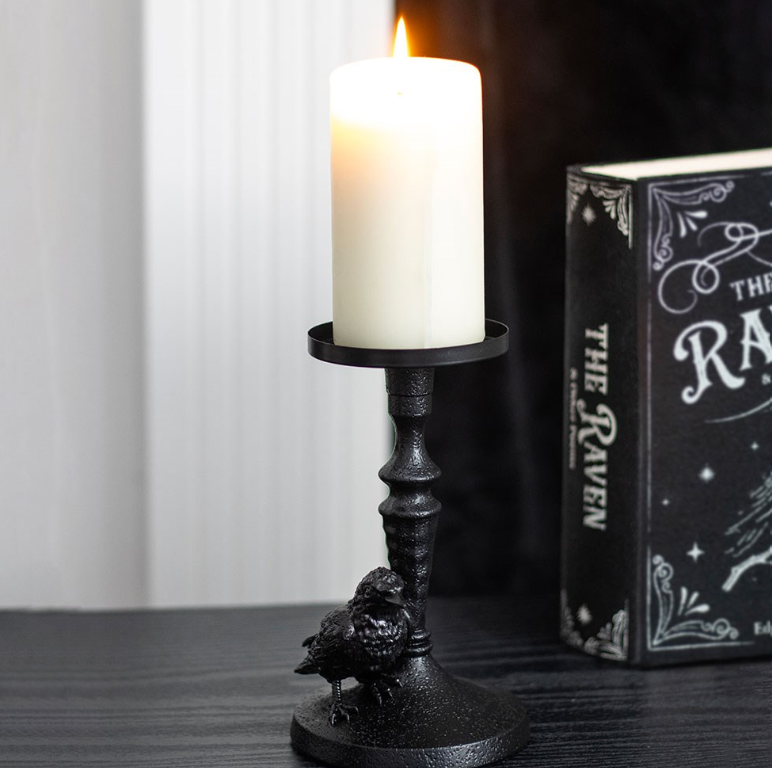 Resin raven pillar candle holder on gothic base - gothic home decor
