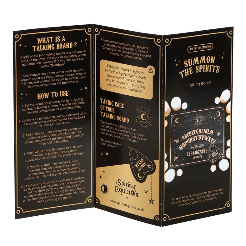 Black wooden talking board with gold celestial engravings and planchette, by MJ Gothic Gifts"